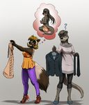  2018 anthro black_nose blonde_hair breasts brown_eyes clothed clothing digital_media_(artwork) duo female fur grey_eyes grey_fur grey_hair hair mammal mustelid mykegreywolf otter side_boob simple_background smile wolverine 