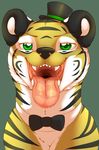  bow_tie camychan feline green_eyes hat mammal mouth_shot open_mouth saliva simple_background solo stripes tiger tongue tongue_out top_hat 