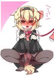  animal_ears bangs black_legwear black_skirt blonde_hair blush collar dog_collar dog_ears dog_tail fake_animal_ears hair_between_eyes hair_ribbon hairband hands_up leash lifted_by_self long_sleeves multiple_girls no_shoes open_mouth panties pantyhose pantyshot pantyshot_(squatting) paw_pose red_eyes red_neckwear red_ribbon ribbon rumia shamo_(koumakantv) skirt skirt_lift skirt_set solo_focus squatting sweatdrop tail tongue touhou trembling underwear vest vibrator vibrator_under_clothes vibrator_under_panties 