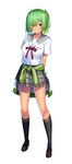  arms_behind_back black_legwear blush clothes_around_waist copyright_request full_body green_hair green_jacket hair_ornament hairclip hatachi jacket jacket_around_waist kneehighs loafers long_legs pleated_skirt school_uniform serafuku shoes short_hair short_ponytail simple_background skirt smile solo standing track_jacket yellow_eyes 
