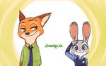  2018 anthro canine clothing disney female fox fur green_eyes judy_hopps lagomorph male mammal nick_wilde police_uniform purple_eyes rabbit shirt simple_background smile tomatoztp uniform zootopia 