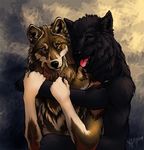 2009 abstract_background ambiguous_gender anthro black_fur blue_eyes brown_fur canine claws duo eye_contact front_view fur happy hug male mammal novawuff nude open_mouth red_fur sharp_teeth smile standing tan_fur teeth tongue wolf yellow_eyes 