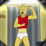  anthro briefs bulge clothing fitting_room fuze inside male mammal red_shirt shirt solo tank_top tighty_whities underwear white_underwear 