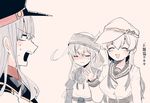  ainu_clothes belt blue_hair blush breasts closed_eyes closed_mouth cosplay costume_switch flat_cap gangut_(kantai_collection) grey_hair hair_between_eyes hammer_and_sickle hat headband hibiki_(kantai_collection) itomugi-kun jacket kamoi_(kantai_collection) kamoi_(kantai_collection)_(cosplay) kantai_collection large_breasts long_hair military military_hat military_jacket military_uniform multicolored_hair multiple_girls naval_uniform open_mouth peaked_cap red_shirt remodel_(kantai_collection) sailor_collar school_uniform serafuku shirt simple_background smile star sweat translation_request uniform verniy_(kantai_collection) verniy_(kantai_collection)_(cosplay) white_background white_hair 