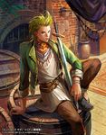  barrel bead_bracelet beads belt blonde_hair bracelet brown_pants emperors_saga green_jacket indoors jacket jewelry looking_at_viewer male_focus necklace nimame. official_art pants red_eyes rug sitting solo spiked_hair sword vase weapon wooden_floor 