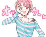  :d blue_shirt blush chisumi ear_piercing eyebrows_visible_through_hair fang hair_ornament hairclip hand_up jewelry long_sleeves necklace ok_sign one_eye_closed open_mouth original piercing pink_eyes pink_hair shirt short_hair simple_background smile solo striped striped_shirt upper_body white_background 