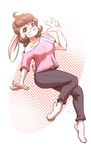  2018 4_fingers anthro barefoot brown_hair clothed clothing digital_media_(artwork) eyewear female glasses hair lagomorph mammal mykegreywolf rabbit simple_background smile solo yellow_eyes 