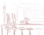  2018 alcohol anthro bar barstool beverage clothed clothing cocktail coconut_cup counter cup dipstick_ears disney ear_markings facial_markings female fire flower fur_markings group ittybittykittytittys jack_savage judy_hopps kris_(zootopia) lagomorph male mammal markings monochrome mustelid otter plant rabbit red_and_white sitting sketch tiki_torch zootopia 