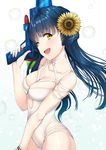  ;d arm_strap bangs bare_arms bare_shoulders blue_hair blush breasts bubble casual_one-piece_swimsuit cleavage collarbone cowboy_shot eyebrows_visible_through_hair flower from_side gradient gradient_background hair_flower hair_ornament head_tilt highres holding idolmaster idolmaster_million_live! kitakami_reika long_hair looking_at_viewer looking_to_the_side maou(demonlord) medium_breasts one-piece_swimsuit one_eye_closed open_mouth shiny shiny_hair shiny_skin smile solo standing straight_hair sunflower_hair_ornament swimsuit tareme water_gun white_background white_swimsuit wristband yellow_eyes 