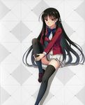  black_hair black_legwear blue_neckwear blush bow bowtie brown_footwear dress_shirt eyebrows_visible_through_hair grey_background grey_ribbon hair_ribbon highres horikita_suzune jacket long_hair looking_at_viewer miniskirt morita_kazuaki official_art pleated_skirt red_eyes red_jacket ribbon school_uniform shiny shiny_clothes shirt shoes sitting skirt solo thighhighs very_long_hair white_shirt white_skirt youkoso_jitsuryoku_shijou_shugi_no_kyoushitsu_e zettai_ryouiki 