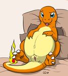  2017 belly big_belly causationcorrelation charmander clitoris digital_media_(artwork) female looking_at_viewer navel nintendo pillow pok&eacute;mon pok&eacute;mon_(species) pregnant pussy reclining sitting solo spread_legs spreading tongue tongue_out video_games 