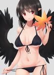  :p absurdres bikini black_bikini black_hair black_wings breasts breasts_apart collarbone cowboy_shot hauchiwa highres large_breasts navel red_eyes shameimaru_aya short_hair simple_background solo string_bikini string_pull swimsuit tongue tongue_out touhou wings yusake_san 