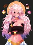  :d android_21 black_nails black_sclera bracelet breasts cake character_name cleavage commentary cupcake doughnut dragon_ball dragon_ball_fighterz earrings food hoop_earrings ivorare jewelry long_hair looking_at_viewer macaron majin_android_21 messy_hair nail_polish navel open_mouth pink_hair pink_skin pointy_ears red_eyes smile solo stomach strapless tubetop upper_body very_long_hair 