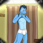  anthro blue_hair blue_shirt briefs bulge clothing fitting_room fuze hair male scalie shirt solo tank_top tighty_whities underwear white_underwear 
