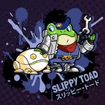  2018 amphibian anthro boots clothing duo english_text fingerless_gloves footwear frog gloves hat jacket japanese_text machine male nintendo robot scarf screwloosestudios slippy_toad smile star_fox text tools toony video_games 