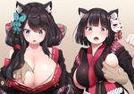  :o animal_ears azur_lane bangs bare_shoulders beige_background black_hair black_kimono blue_eyes blunt_bangs bow breast_grab breasts butterfly_hair_ornament cat_ears collarbone commentary commentary_request deep_skin disembodied_limb fang fox_mask fusou_(azur_lane) grabbing hair_bow hair_ornament hair_over_shoulder hand_up highres huge_breasts japanese_clothes kimono large_breasts long_hair looking_down mask multiple_girls nipples oekakizuki off_shoulder open_mouth partial_commentary paw_pose red_eyes ribbon_trim sideboob simple_background surprised upper_body yamashiro_(azur_lane) 