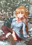  black_legwear blush boots bra braid breasts brown_eyes brown_hair cleavage commentary_request hair_ornament koiwai_yoshino large_breasts looking_at_viewer masamune-kun_no_revenge plaid_capelet sahara386 scarf short_hair snow snowing solo sweater thighhighs umbrella underwear 