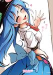  black_hat blue_hair blue_skirt closed_eyes fifiruu food fruit hand_up hat heart hinanawi_tenshi long_hair peach puffy_short_sleeves puffy_sleeves shirt short_sleeves skirt smile solo touhou waving white_shirt 