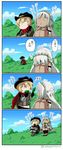  1girl 4koma altera_(fate) asaya_minoru bangs belt billy_the_kid_(fate/grand_order) black_gloves black_hat black_legwear black_pants blonde_hair blue_sky boots brown_footwear brown_jacket brown_vest bush cloud comic covered_mouth dark_skin day depressed directional_arrow eyebrows_visible_through_hair fate/extella fate/extra fate/grand_order fate_(series) gloves grass hair_between_eyes hands_on_own_knees hat holding holding_leaf jacket knee_boots kneehighs leaf long_sleeves on_grass outdoors pants red_scarf scarf silver_hair sitting sky translated twitter_username veil vest white_belt 