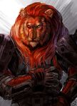  2016 5_fingers anthro armor digital_media_(artwork) feline fur hair lion male mammal pennawings red_hair solo tan_fur whiskers yellow_eyes 