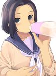  1girl bottle drinking female kaijarisuigyo sailor_collar school_uniform short_hair simple_background solo white_background winter_uniform 