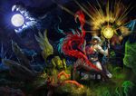  2017 anthro detailed_background digital_media_(artwork) dragon feral grass group holding_object moon night outside pennawings sky staff star starry_sky 