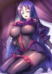  bangs bodystocking bodysuit breasts covered_nipples fate/grand_order fate_(series) large_breasts long_hair looking_at_viewer low-tied_long_hair minamoto_no_raikou_(fate/grand_order) open_mouth parted_bangs purple_eyes purple_hair ribbed_sleeves rope soles solo thighhighs very_long_hair zha_yu_bu_dong_hua 