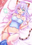  animal animal_ears arm_at_side bangs bare_shoulders bed bed_sheet blue_skirt bow bow_panties breasts cat_ears cellphone collarbone covered_nipples cowboy_shot dutch_angle ears eyebrows_visible_through_hair heterochromia highres long_hair looking_at_viewer lowleg lying midriff navel on_back open_mouth original panties panty_pull phone pillow pleated_skirt purple_hair shiny shiny_hair skirt skirt_around_one_leg smartphone smile solo spaghetti_strap sparkle tan tanline tenzeru underwear 