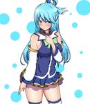  aqua_(konosuba) baretto_(karasi07) blue_dress blue_eyes blue_hair blush breasts cowboy_shot detached_sleeves dress hair_rings highres kono_subarashii_sekai_ni_shukufuku_wo! long_hair looking_at_viewer medium_breasts pout short_dress sideboob solo thighhighs white_legwear zettai_ryouiki 