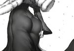  arm_at_side ass coat coat_removed dress from_behind from_below fubuki_(one-punch_man) fur_coat greyscale long_sleeves lower_body monochrome one-punch_man out_of_frame simple_background solo standing taut_clothes taut_dress the_golden_smurf white_background wide_sleeves 