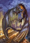  2015 city claws detailed_background digital_media_(artwork) dragon feral flying horn pennawings solo spines wyvern yellow_eyes 