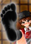  1girl black_legwear blush brown_eyes brown_hair feet glass hat kantai_collection long_hair looking_at_viewer no_shoes one_leg_raised pov pov_feet ryuujou_(kantai_collection) socks soles steam toes twintails 