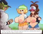  2girls areolae baseball_cap bel_(pokemon) beret blonde_hair blue_eyes blue_sky breasts breasts_outside brown_hair commentary day denim denim_shorts dress english exhibitionism green_eyes green_hair hat highres huge_breasts large_areolae long_hair long_sleeves multiple_girls mystical n_(pokemon) navel nipples no_bra no_panties outdoors pokemon pokemon_(game) pokemon_bw ponytail presenting puffy_nipples puffy_short_sleeves puffy_sleeves pussy shirt_lift short_hair short_shorts short_sleeves shorts skirt sky smile stomach sweat take_your_pick text_focus touko_(pokemon) vest wristband you_gonna_get_raped 
