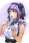  bangs bare_arms bare_shoulders black_skirt blue_eyes breasts candy collared_shirt commentary dagashi_kashi eating eyebrows_visible_through_hair flower food from_side hair_flower hair_ornament hairband hankuri holding large_breasts neck_ribbon open_mouth purple_background purple_hair red_neckwear red_ribbon ribbon ringed_eyes shidare_hotaru shirt skirt solo suspender_skirt suspenders toothpick upper_body wing_collar 