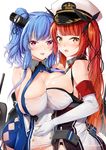  azur_lane bangs bare_shoulders blue_hair blush bow breast_press breasts buttons cowboy_shot d: detached_collar elbow_gloves from_side gloves hair_bow hand_on_another's_stomach honolulu_(azur_lane) large_breasts looking_at_viewer macchiato_(jae-min_cho) machinery multiple_girls open_mouth red_eyes red_hair signature st._louis_(azur_lane) standing tongue tongue_out twintails twitter_username v-shaped_eyebrows white_gloves 