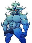  abs biceps blush bulge clenched_teeth clothing elfein erection erection_under_clothes male monster muscular obelisk_the_tormentor pecs red_eyes solo sweat teeth yu-gi-oh 