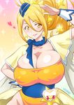  alternate_breast_size blonde_hair blue_hat blush breasts cleavage closed_mouth collarbone commentary_request covered_nipples cowboy_shot cure_etoile dress earrings eyebrows_visible_through_hair garrison_cap gradient gradient_background hat heart huge_breasts hugtto!_precure jewelry joy_ride kagayaki_homare long_hair looking_at_viewer magical_girl mini_hat precure scarf smile solo star star_earrings yellow_eyes 