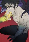  1boy abs black_hair blood claws crying devilman devilman_crybaby eyebrows fudou_akira open_mouth red_background sharp_teeth shirtless short_hair simple_background solo tatouji tears teeth 