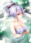  bathing breasts commentary_request fate/grand_order fate_(series) folded_ponytail hane_yuki highres japanese_clothes large_breasts long_hair looking_at_viewer naked_towel onsen partially_submerged ponytail red_eyes solo steam tomoe_gozen_(fate/grand_order) towel 