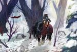  2016 ambiguous_gender armor avian bird black_fur black_hair canine day detailed_background digital_media_(artwork) equine fur group hair hooves horse male mammal outside pennawings red_hair riding wolf 