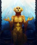  2016 5_fingers anthro black_nose canine digital_media_(artwork) dog featureless_crotch fur male mammal nude pale_eyes pennawings smile solo stanidng yellow_fur 