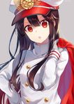  artist_name black_hair cape cape_removed double-breasted family_crest fate_(series) gloves grey_background hair_between_eyes hand_on_hip hat head_tilt highres koha-ace long_hair nonono oda_nobunaga_(fate) oda_uri open_mouth over_shoulder peaked_cap red_cape red_eyes sidelocks solo uniform upper_body white_gloves white_uniform 