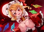  ascot blonde_hair bloomers dutch_angle fang flandre_scarlet full_moon hat hat_ribbon looking_at_viewer mob_cap moon one_side_up open_mouth pointy_ears red_eyes red_footwear red_moon red_ribbon red_skirt ribbon satomachi shoes skirt smile socks solo squatting thick_eyebrows touhou underwear white_hat white_legwear wings yellow_neckwear 