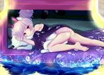  :o animal animal_ears ass azur_lane bare_shoulders barefoot blush bottle bow bunny_ears closed_eyes commentary_request dog double_bun floral_print glass_bottle hair_bow hair_ornament hifumi0413 highres japanese_clothes kimono laffey_(azur_lane) lantern looking_at_viewer lying off_shoulder on_side open_clothes open_kimono panties parted_lips print_kimono purple_eyes purple_hair purple_kimono red_bow side_bun solo underwear water white_panties 