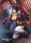  arm_up armpits black_hair breasts cleavage covered_navel cuboon detached_sleeves dutch_angle feathers gloves hair_over_one_eye holding holding_weapon long_hair looking_at_viewer official_art red_eyes red_gloves sengoku_taisen sheath solo squatting sword tassel thighhighs thighs unsheathing weapon white_legwear wide_sleeves 