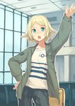  arm_up blonde_hair blue_eyes bomber_jacket hand_on_hip jacket open_mouth original peroncho short_hair solo window 