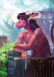  2016 anthro blue_eyes curved_horn day demon detailed_background digital_media_(artwork) digital_painting_(artwork) horn male outside pennawings red_skin sky solo 