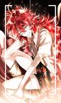  androgynous bangs commentary gem_uniform_(houseki_no_kuni) highres houseki_no_kuni long_hair looking_at_viewer necktie one_eye_closed open_clothes open_mouth open_shirt padparadscha_(houseki_no_kuni) red_eyes red_hair shirt short_sleeves shorts shunnyun smile solo very_long_hair 