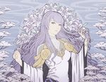  blue_eyes blue_hair cape circlet diadora_(fire_emblem) dress fire_emblem fire_emblem:_seisen_no_keifu fire_emblem_heroes floral_background flower holding holding_hair iktk lavender_hair long_hair looking_at_viewer purple_eyes purple_hair smile solo upper_body 