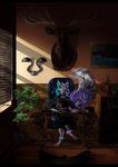  2017 anthro barefoot blue_hair blue_nose cat detailed_background digital_media_(artwork) digitigrade feline female hair looking_at_viewer mammal pennawings purple_hair sitting solo 